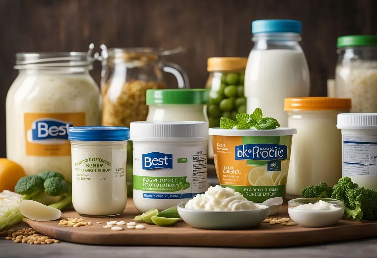 A colorful array of probiotic-rich foods, such as yogurt, kefir, and sauerkraut, displayed on a table with a "Best Probiotics for Diabetes" label