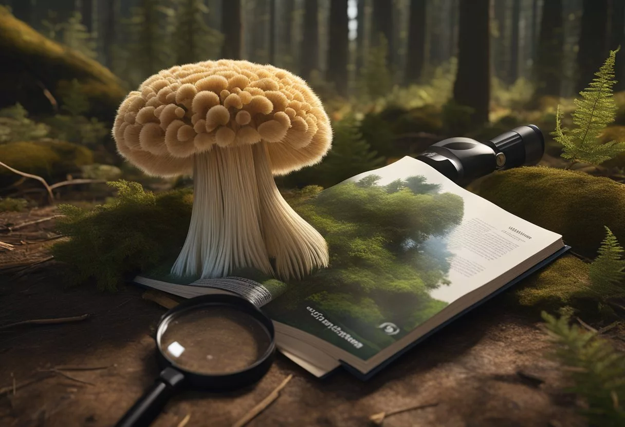 Lion's Mane mushrooms are identified and classified using a magnifying glass and a field guide book on a forest floor