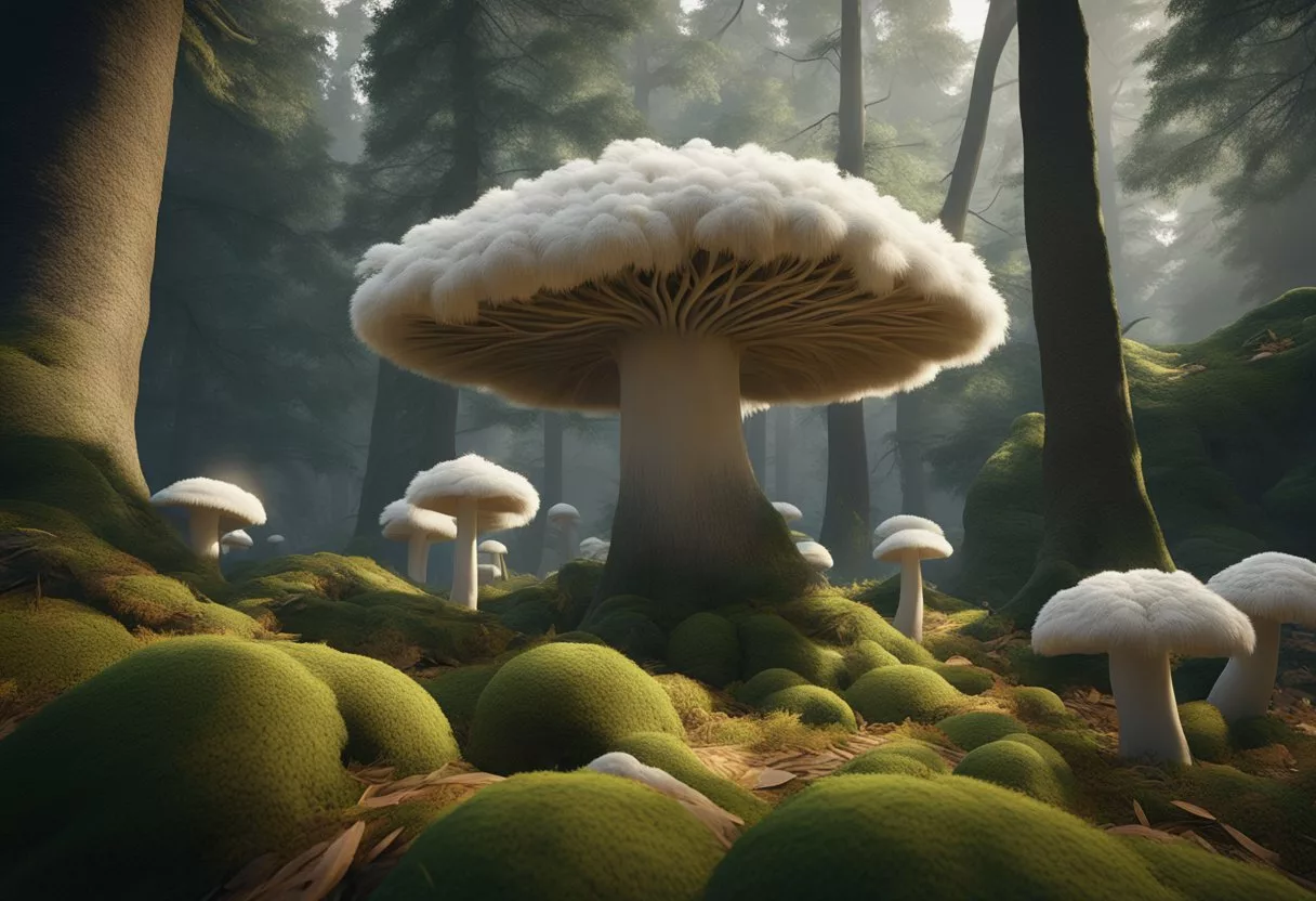 Lion's Mane mushrooms grow in a dense forest, surrounded by fallen leaves and moss-covered trees. The mushrooms are large and white, with long, flowing tendrils resembling a lion's mane. The scene is peaceful and untouched by human activity