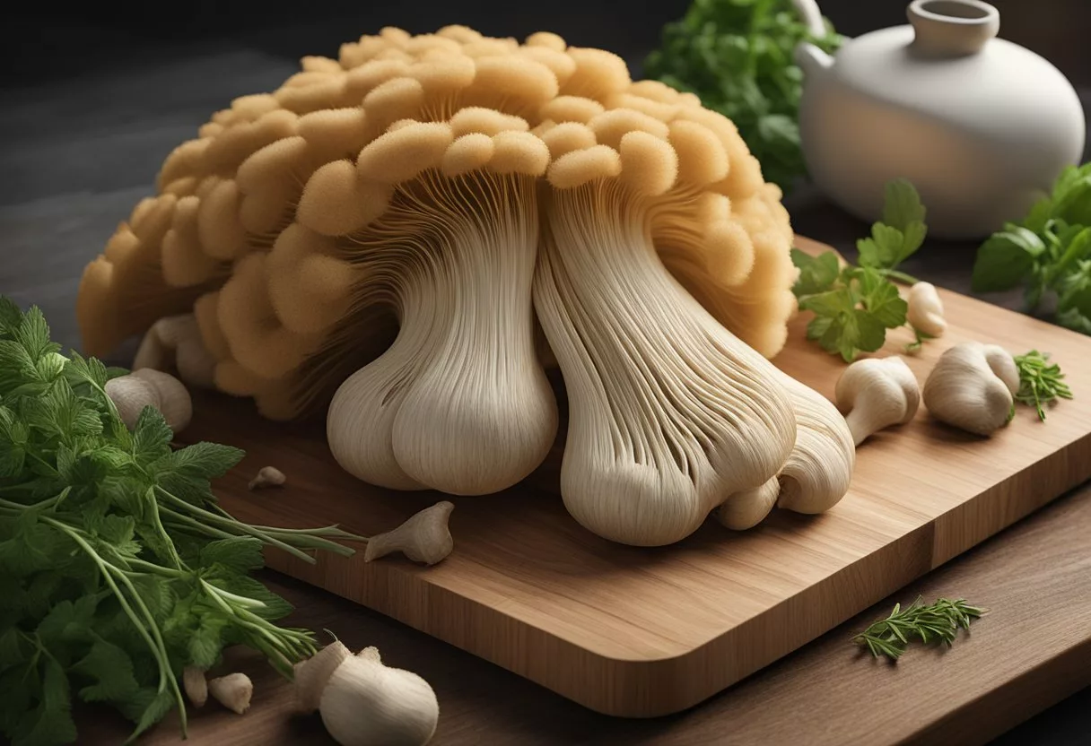 Lion's Mane mushrooms arranged on a wooden cutting board, surrounded by fresh herbs and a measuring tape, emphasizing their health benefits and nutritional value