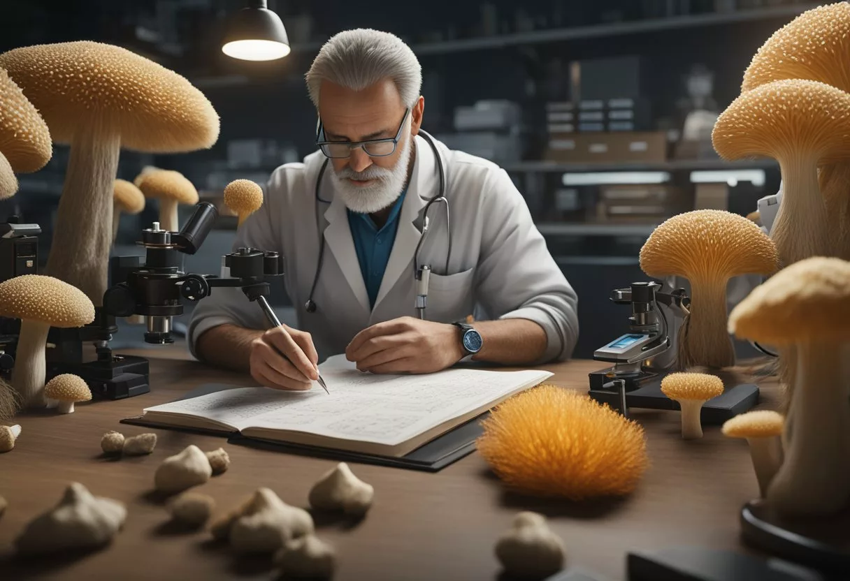 A scientist examines a cluster of lion's mane mushrooms under a microscope, surrounded by research equipment and notes