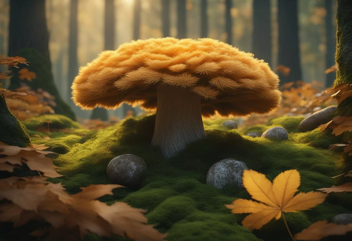 A cluster of Lion's Mane mushrooms sits on a bed of moss, surrounded by fallen leaves and small twigs in a dense forest setting