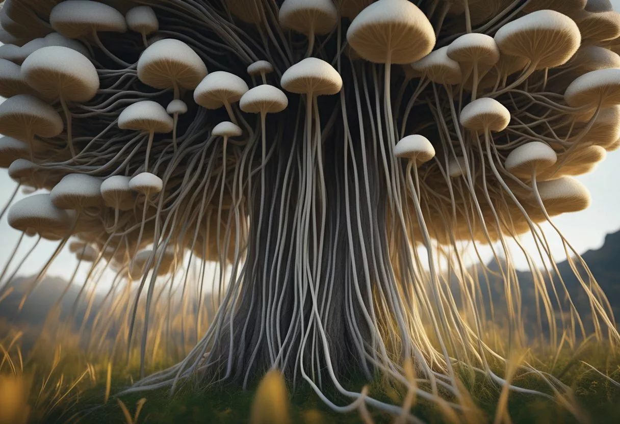 Lion's Mane mushrooms stimulate nerve growth, with tendrils reaching out like a network of electrical wires, connecting and firing signals