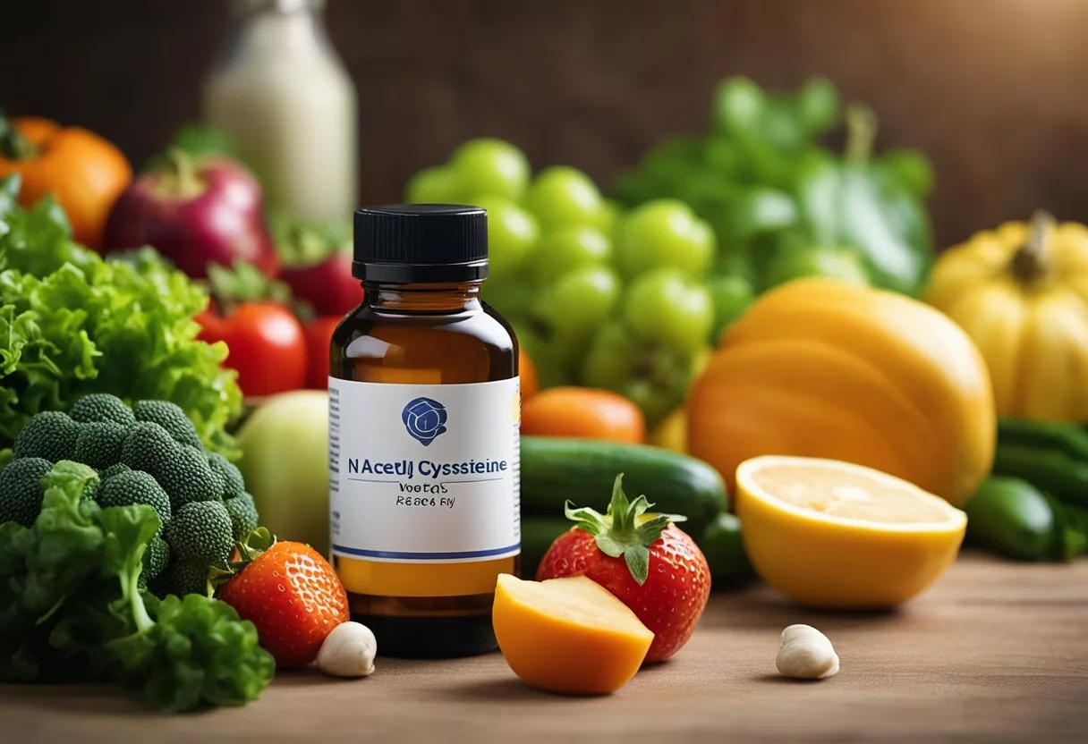 A bottle of N-acetyl cysteine sits next to a pile of fresh fruits and vegetables, representing its benefits for overall health and antioxidant properties