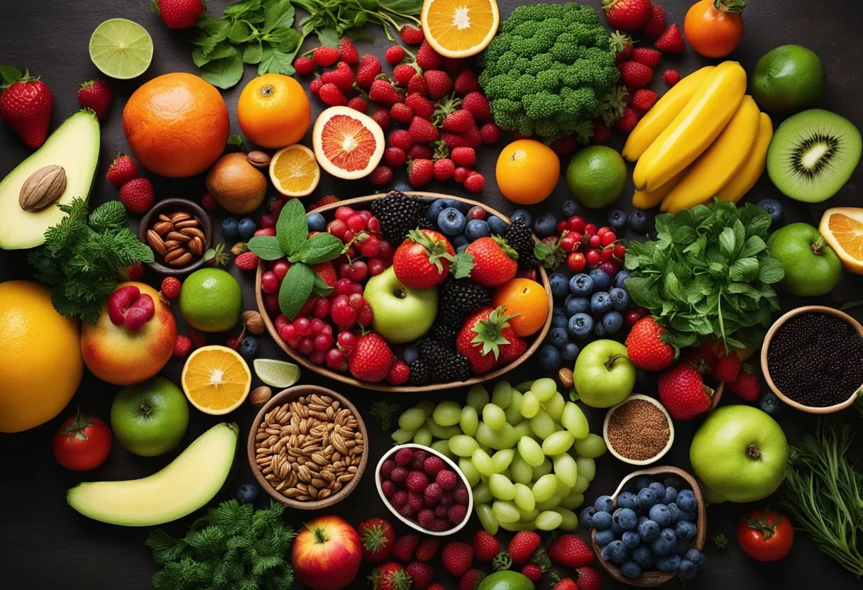 Colorful array of fruits, vegetables, nuts, and seeds arranged on a table, with a variety of herbs and spices in the background. A bowl of vibrant berries sits in the center