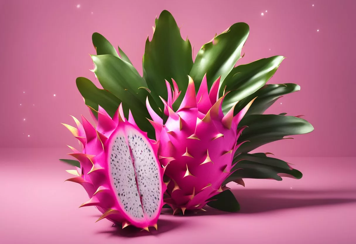 A dragon fruit surrounded by question marks and glowing with magical energy