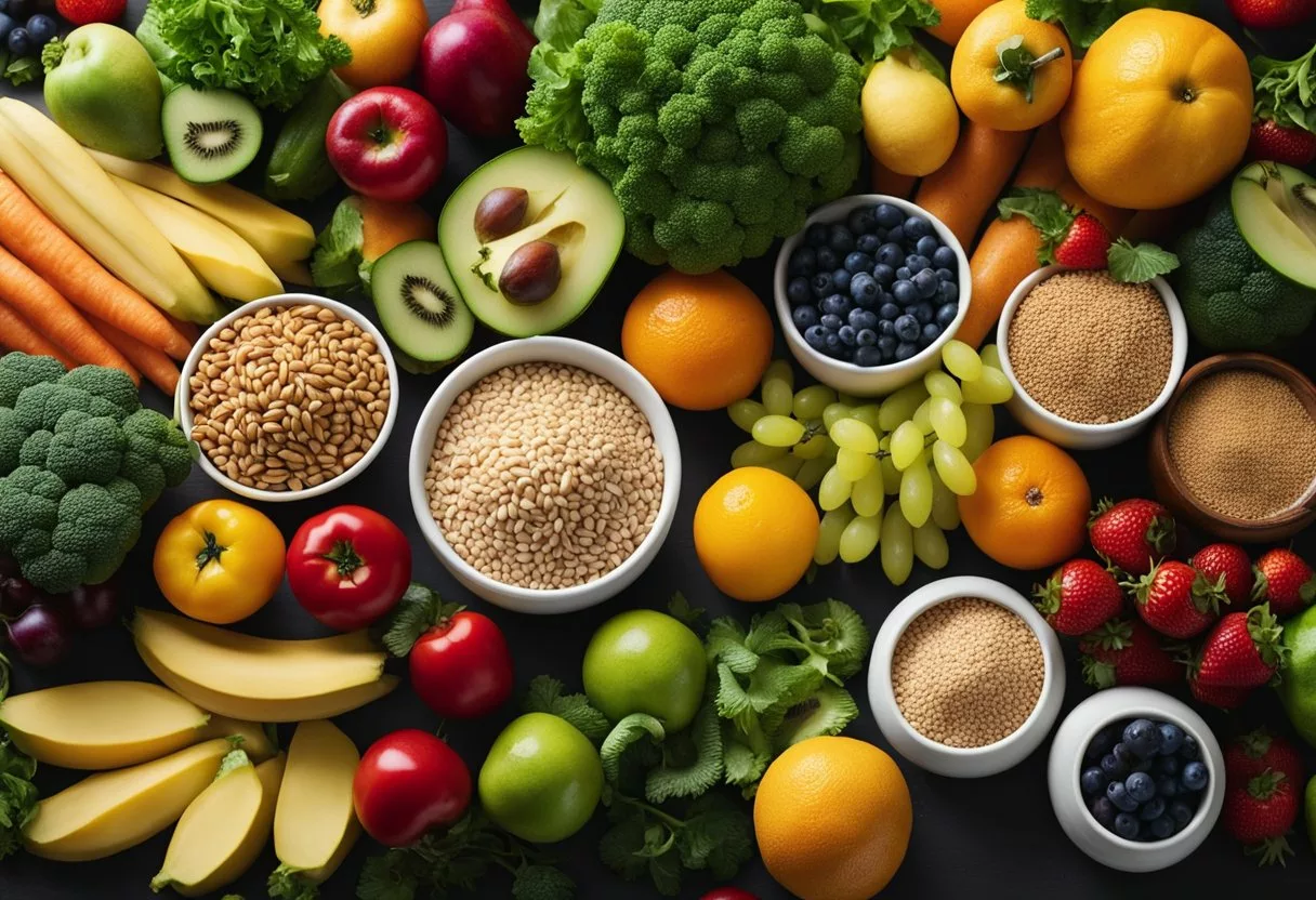 A colorful array of fresh fruits, vegetables, whole grains, and lean proteins arranged on a table, with a focus on anti-inflammatory foods for an IBD diet