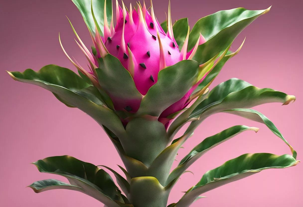 A dragon fruit plant grows tall with vibrant pink and green skin. Its white flesh is speckled with tiny black seeds, and the sweet aroma fills the air