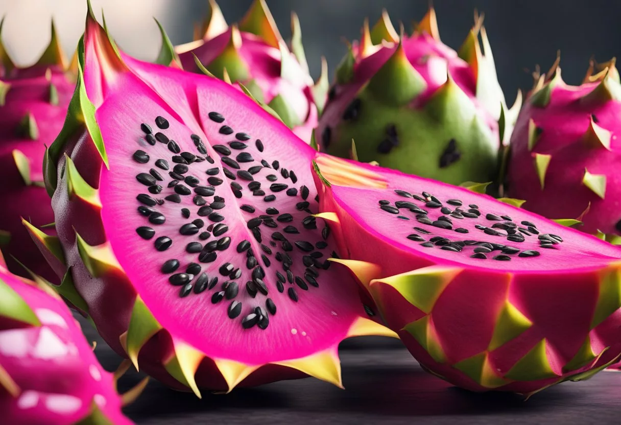 A vibrant dragon fruit split open, revealing its juicy pink flesh and black seeds. The surrounding area is filled with a sense of wonder and excitement