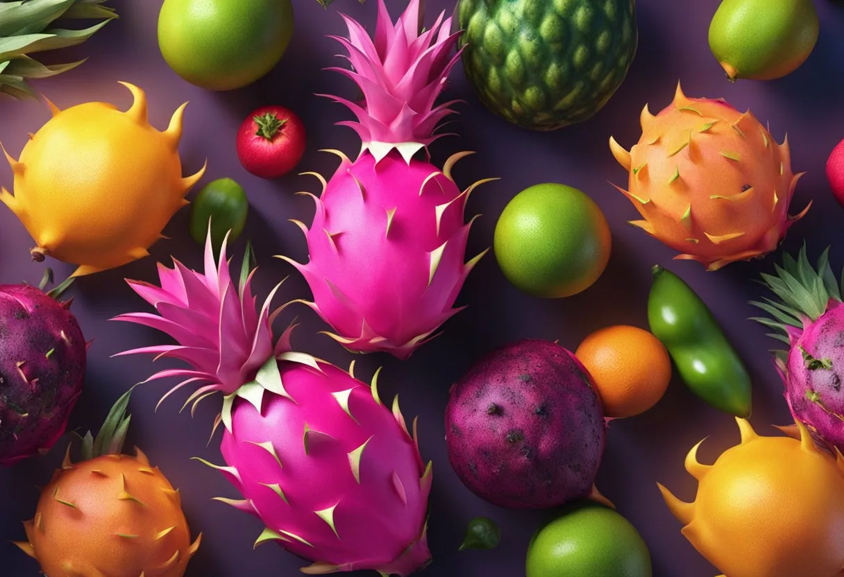 A dragon fruit surrounded by various fruits and vegetables, with a glowing aura, symbolizing its powerful nutritional effects