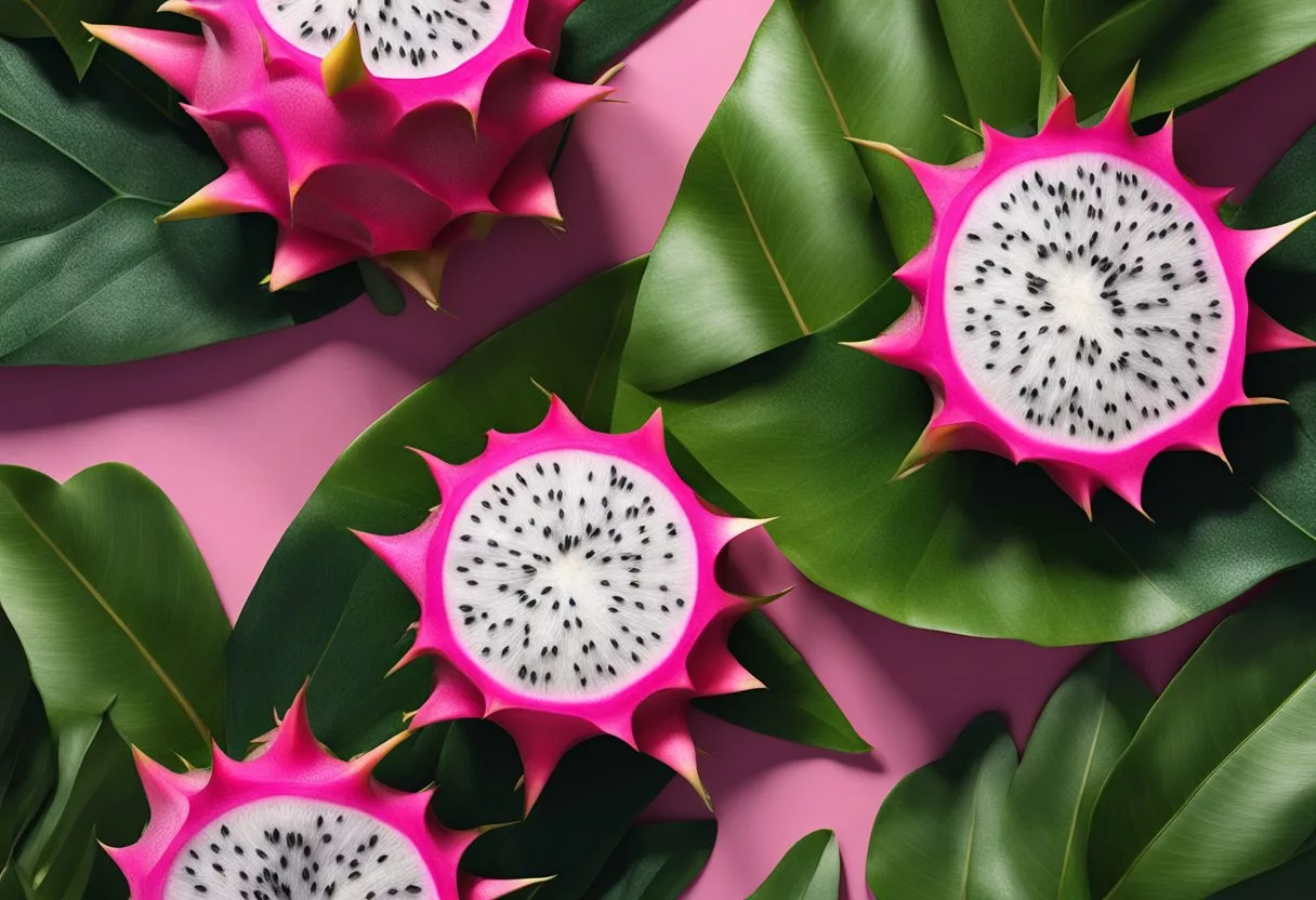 A vibrant dragon fruit sits on a bed of green leaves, its pink skin covered in scales, with white flesh speckled with tiny black seeds