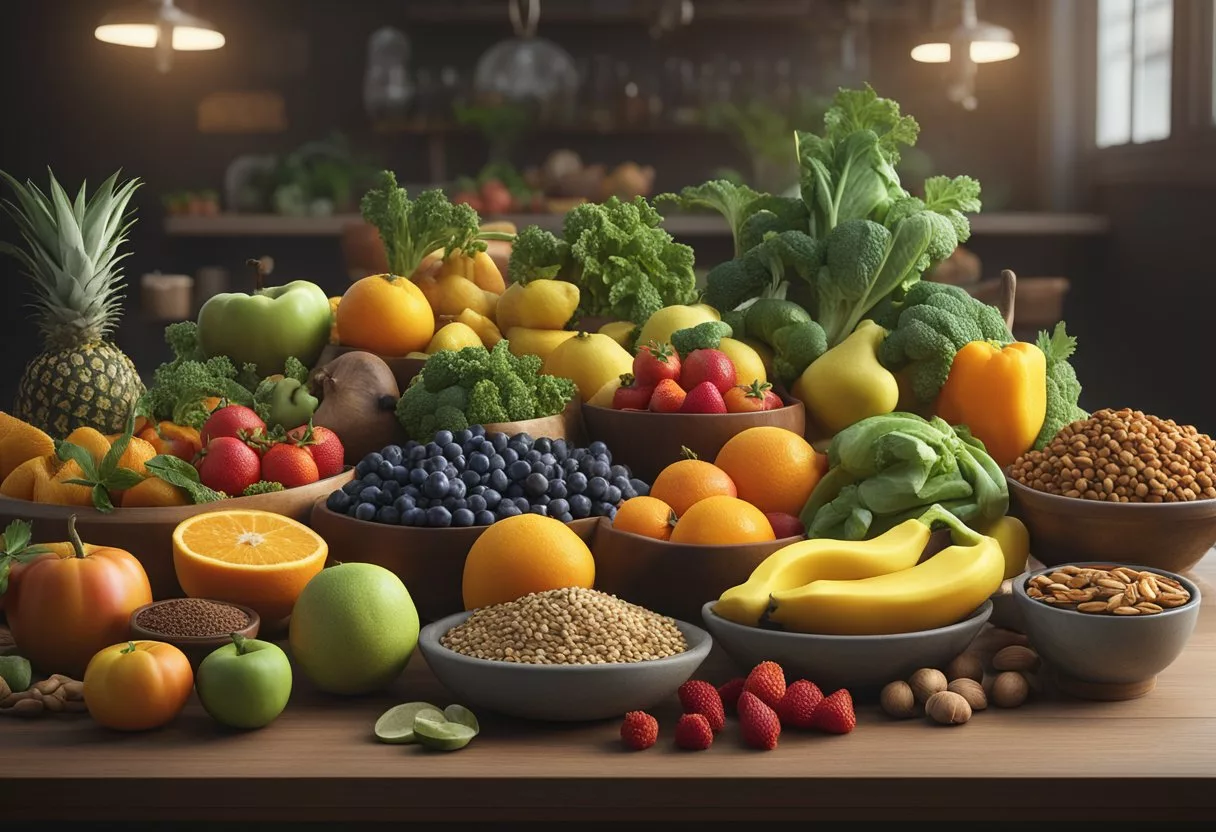 A table filled with colorful fruits, vegetables, nuts, and seeds, along with whole grains and lean proteins, surrounded by anti-inflammatory herbs and spices