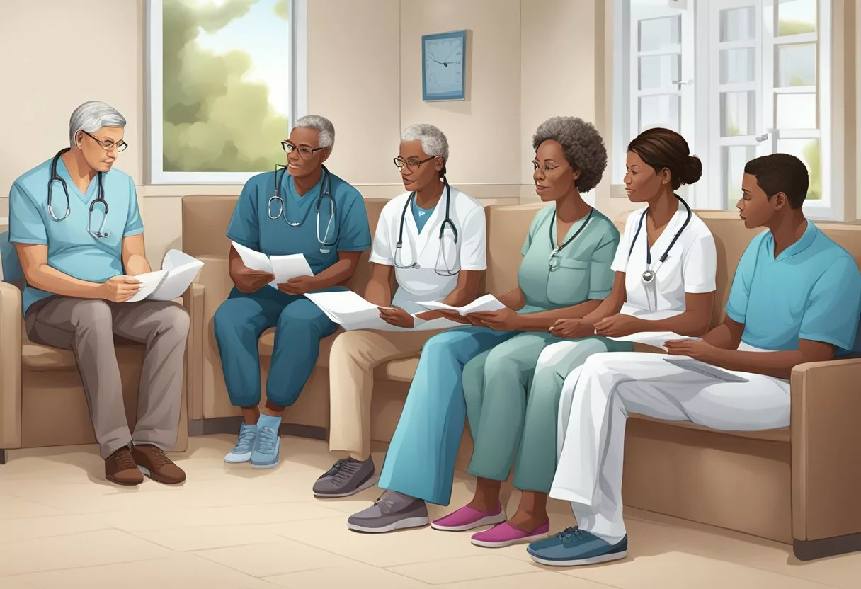A group of diverse individuals reading a pamphlet titled "Frequently Asked Questions: Genitourinary Diseases Prevention" in a medical clinic waiting room