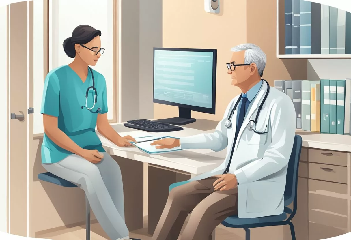A doctor discussing treatment options for genitourinary diseases with a patient in a clinic setting