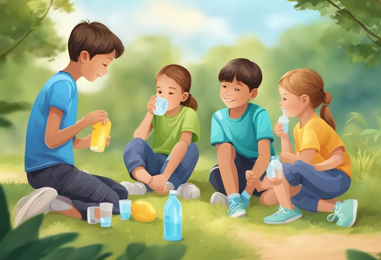 A group of children and adolescents engage in outdoor activities, drink plenty of water, and practice good hygiene to prevent genitourinary diseases