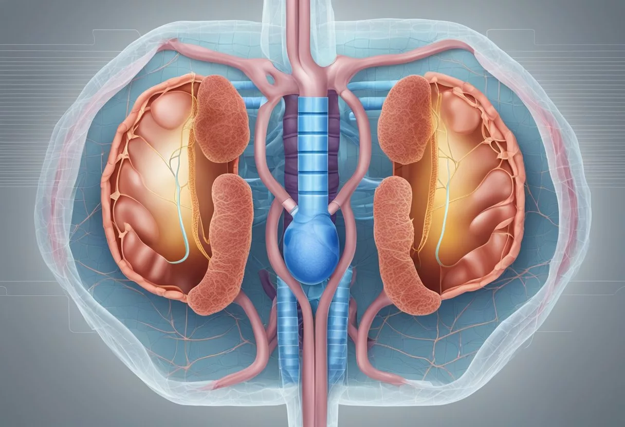 A healthy bladder and kidneys surrounded by protective barriers, with a symbol for prevention, representing the genitourinary system and disease prevention