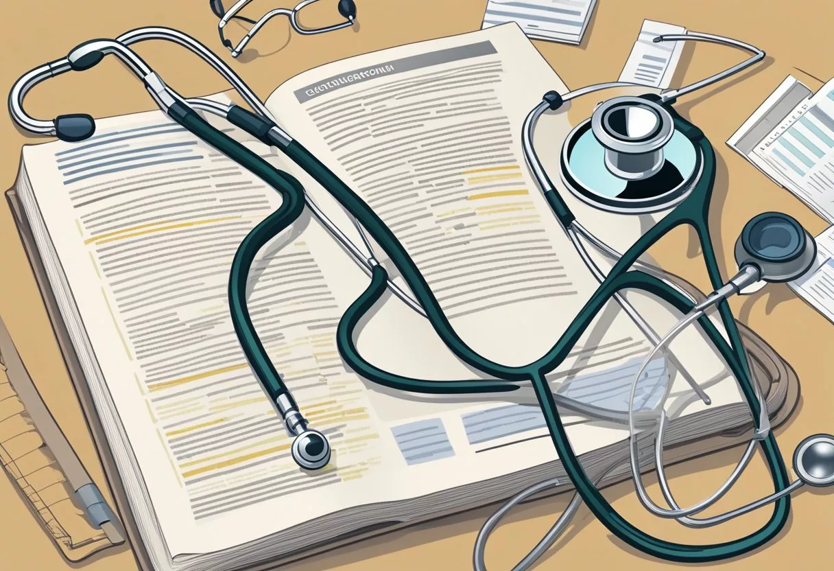An open book with highlighted text on genitourinary disease symptoms and signs. A stethoscope and medical chart sit nearby