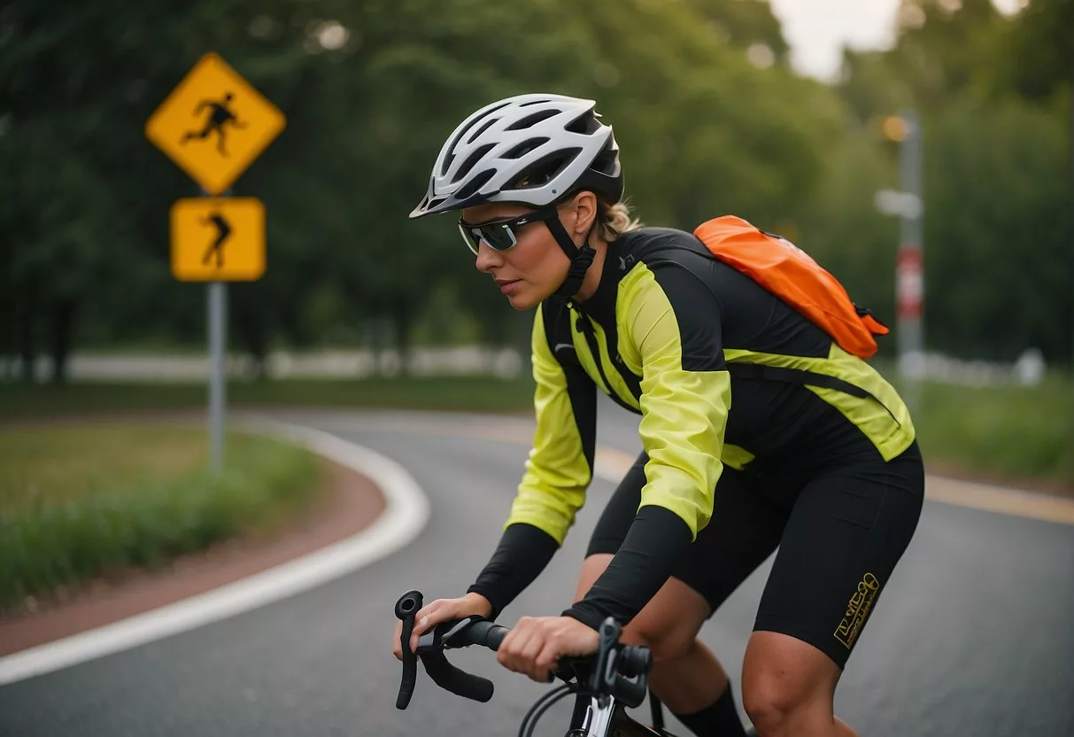 A person wearing a helmet and knee pads while riding a bike on a smooth, paved path with caution signs and safety barriers