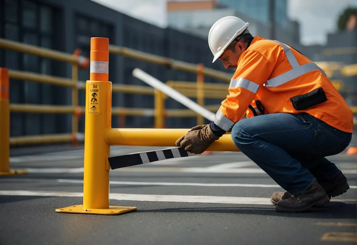 A safety barrier blocks a worker from a hazardous area, preventing specific injuries