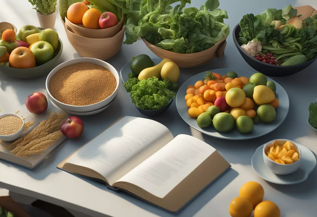 A table filled with colorful fruits, vegetables, and whole grains. A person holding a plate with leafy greens and fish. A book titled "Understanding Vasculitis Anti-inflammatory Diet" open on the table