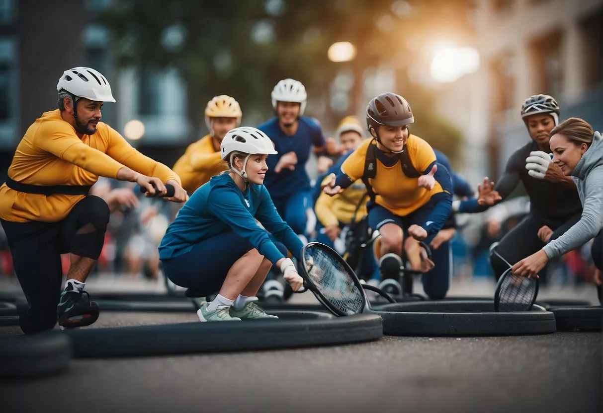 A diverse group of people engage in various activities, such as sports, transportation, and home safety, while implementing injury prevention measures