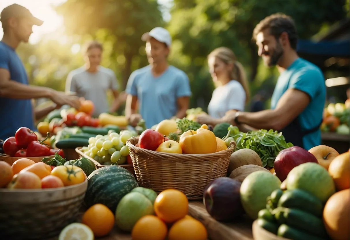 A vibrant scene of fresh fruits and vegetables being prepared and consumed, alongside people engaging in physical activity outdoors