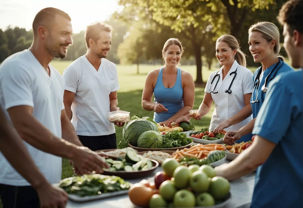 A group of people exercising outdoors, surrounded by healthy food and medical professionals providing education on metabolic disease prevention