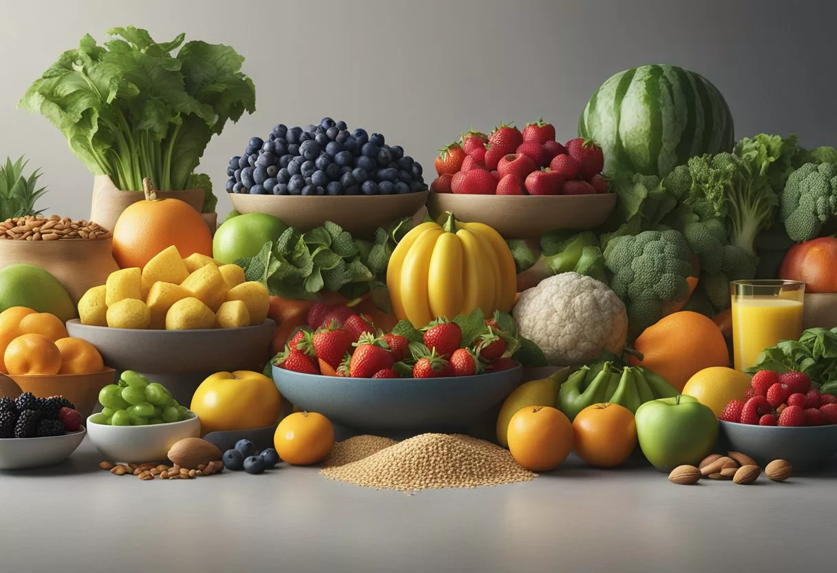 A colorful array of fresh fruits, vegetables, and whole grains arranged on a table, with emphasis on anti-inflammatory foods like berries, leafy greens, and nuts