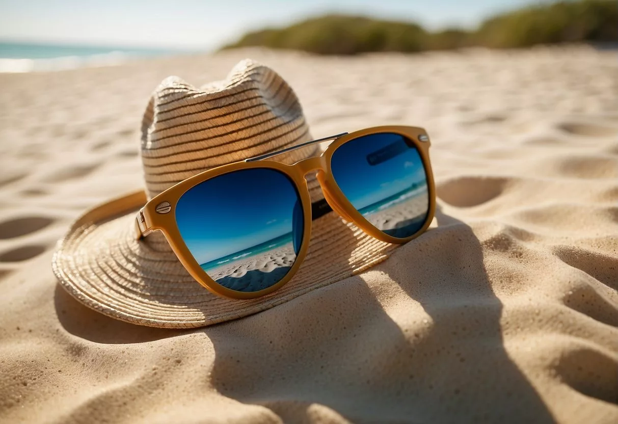 A bottle of sunscreen sits on a sandy beach, surrounded by a wide-brimmed hat, sunglasses, and a long-sleeved shirt
