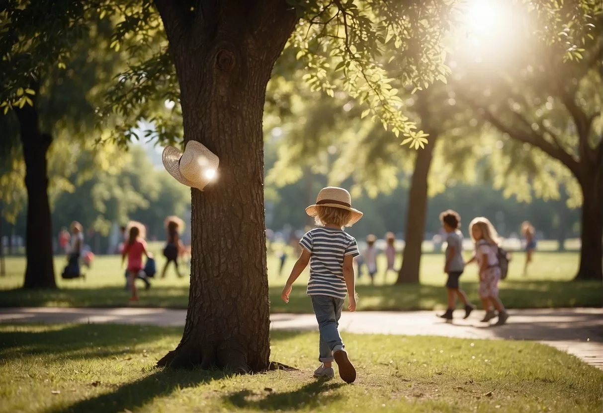 A sunny park with children playing, wearing hats and sunscreen. A sign promoting skin disease prevention hangs on a tree