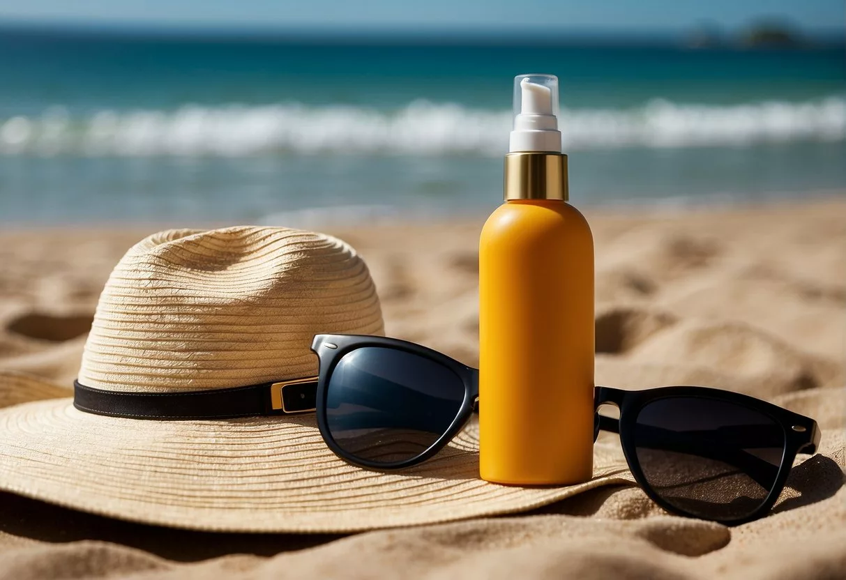A bottle of sunscreen placed next to a wide-brimmed hat and sunglasses, with a background of a beach or outdoor setting