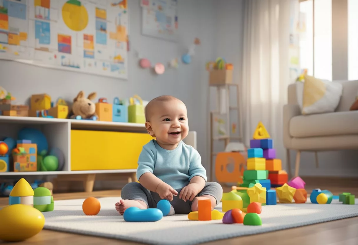 A smiling infant surrounded by colorful toys, with a growth chart and medical supplies in the background