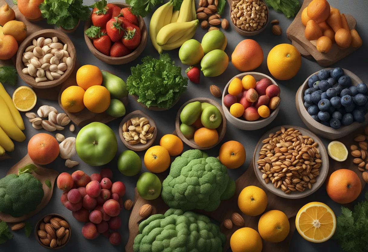 A table filled with colorful fruits, vegetables, nuts, and fish. A sign reads "Anti-inflammatory diet for vasculitis."