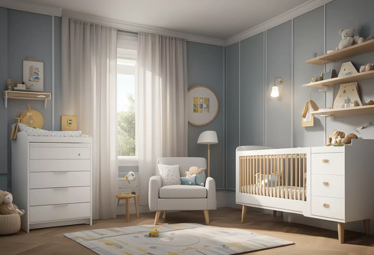 A baby's room with safety locks on cabinets, outlet covers, and a baby monitor on the crib