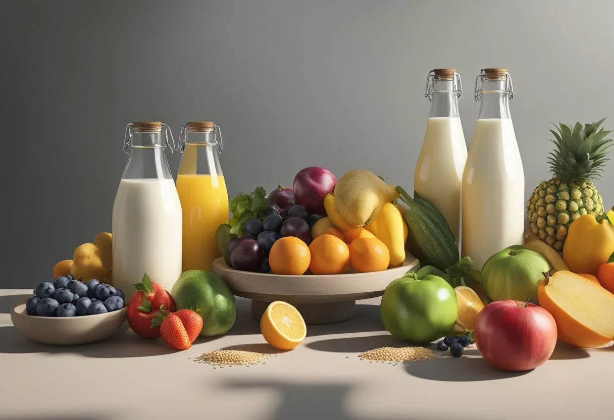 A variety of colorful fruits, vegetables, and grains arranged on a plate, surrounded by bottles of milk and water