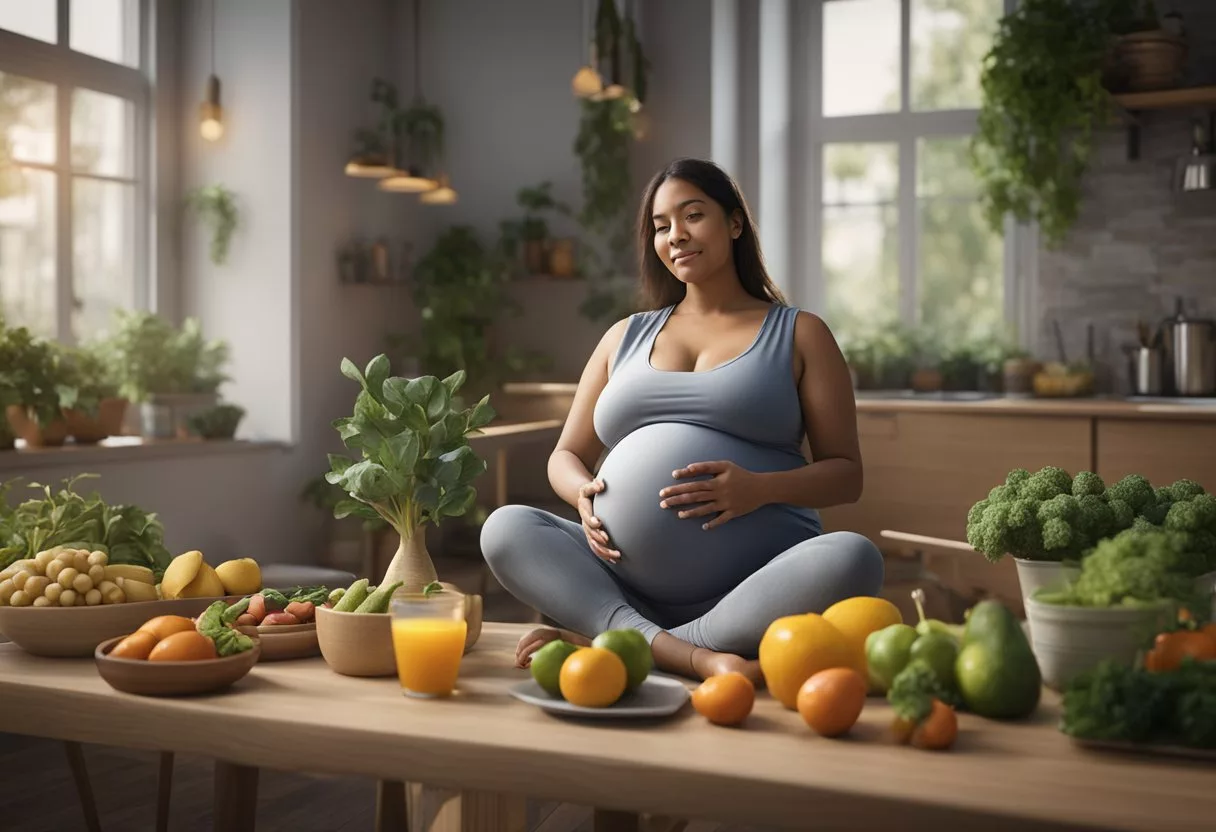 A pregnant woman sitting in a peaceful environment, surrounded by healthy food, and engaging in gentle exercise