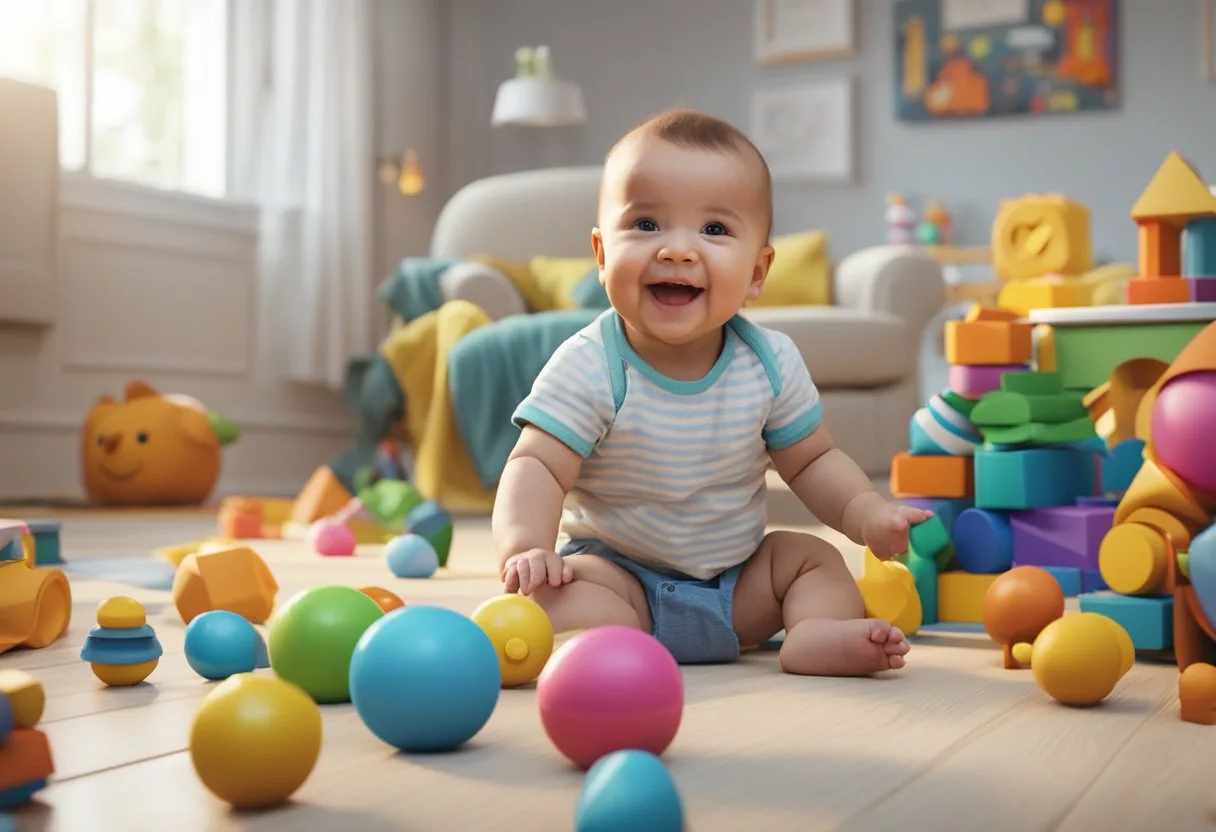 A smiling baby surrounded by colorful toys and a caring parent, with a pediatrician nearby offering advice
