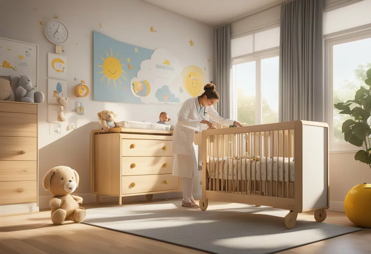 A sunny room with a crib, toys, and a growth chart on the wall. A smiling nurse checks the baby's weight and height