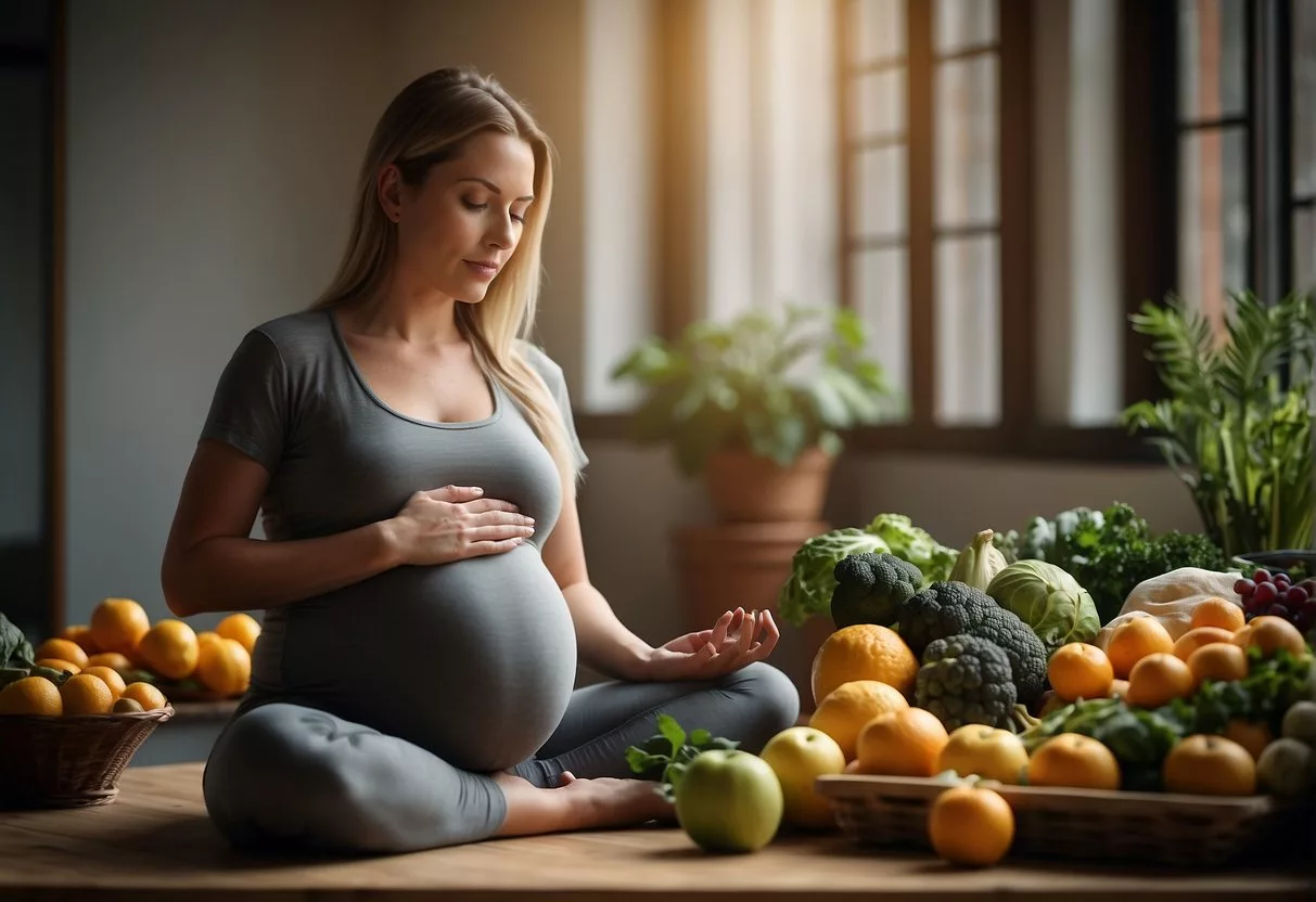 A pregnant woman practices yoga, eats fruits and vegetables, and takes prenatal vitamins