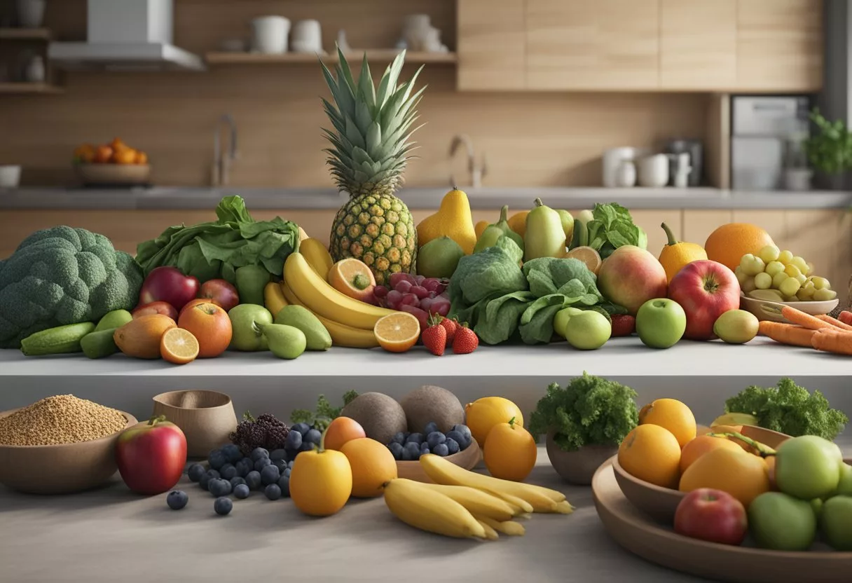 A table with a variety of colorful fruits, vegetables, and whole grains. A banner with "Frequently Asked Questions Anti-inflammatory diet for vasculitis" hangs above