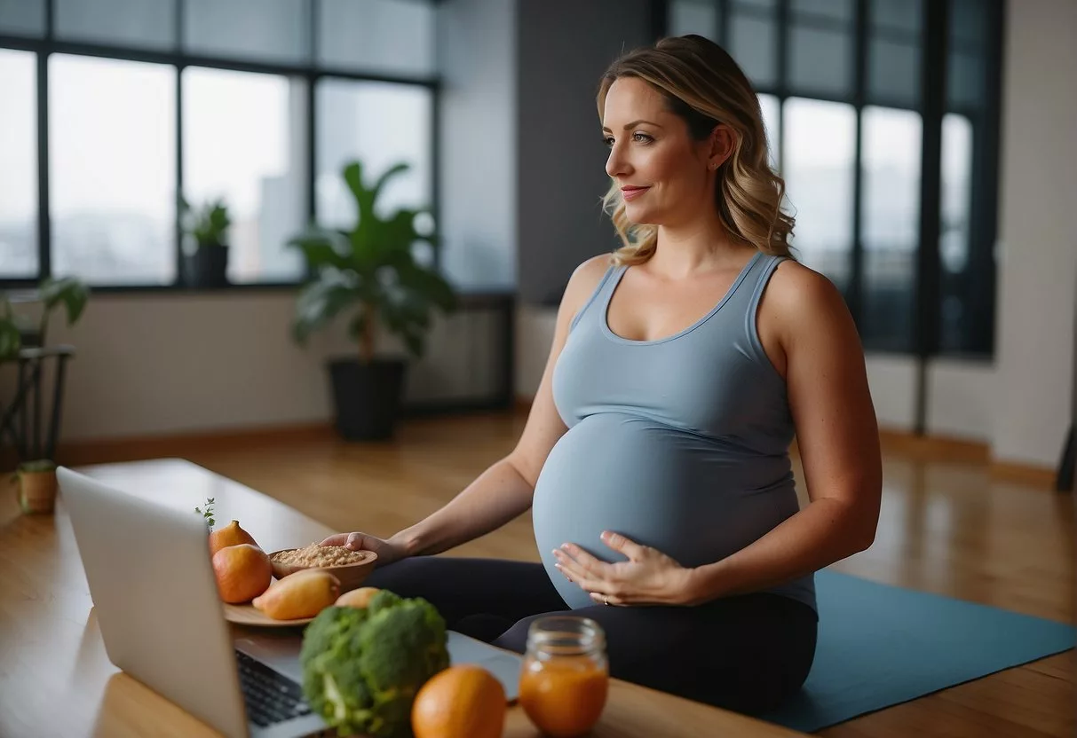 A pregnant woman doing prenatal yoga, eating nutritious food, and attending regular check-ups with her healthcare provider