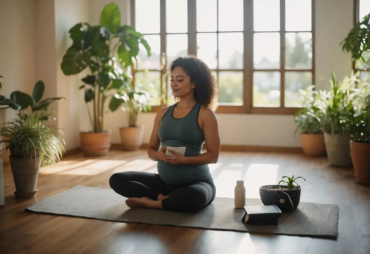 A serene woman practices prenatal yoga in a sunlit room, surrounded by plants and calming music. She holds a pregnancy guidebook, with a healthy meal and water bottle nearby