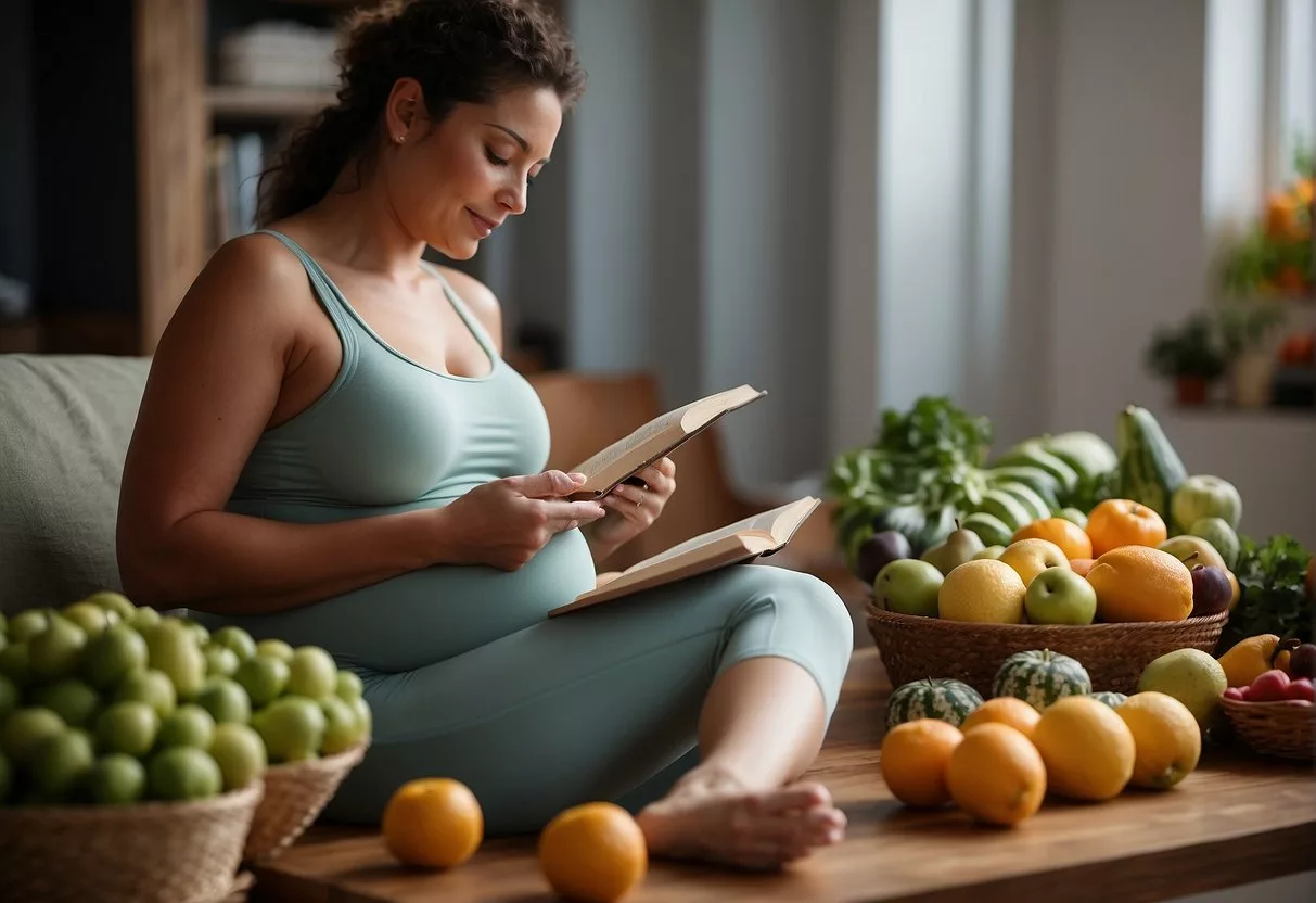A pregnant woman reading a book on prenatal health, surrounded by fruits, vegetables, and a yoga mat