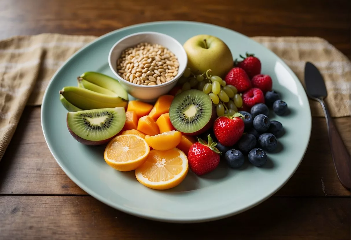 A colorful plate filled with a variety of fruits, vegetables, whole grains, and lean proteins. A glass of water sits beside the plate, emphasizing the importance of hydration during pregnancy