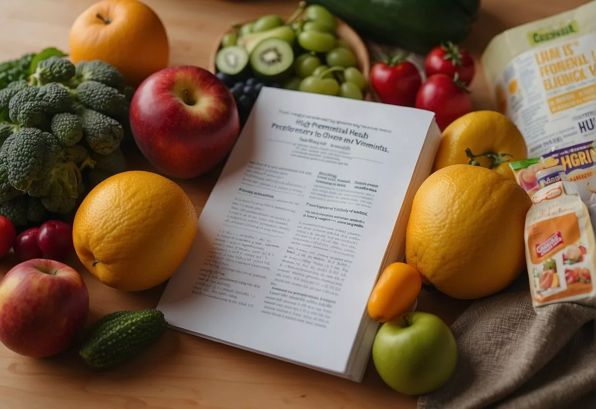 A pregnant woman reading a book on prenatal health, surrounded by fruits, vegetables, and prenatal vitamins. A doctor's pamphlet on common pregnancy concerns lies open nearby