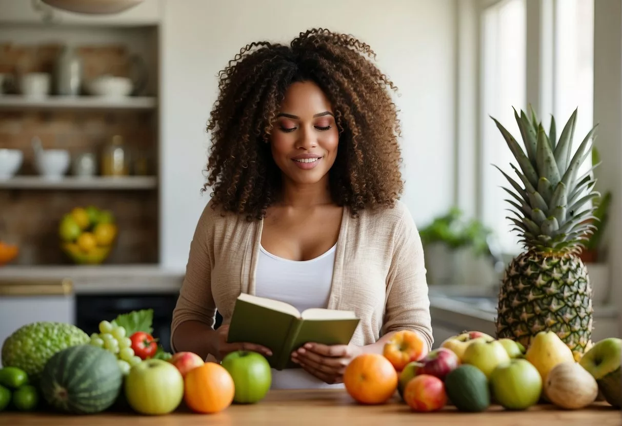 A pregnant woman reads a book on prenatal health while surrounded by fresh fruits, vegetables, and a prenatal vitamin bottle