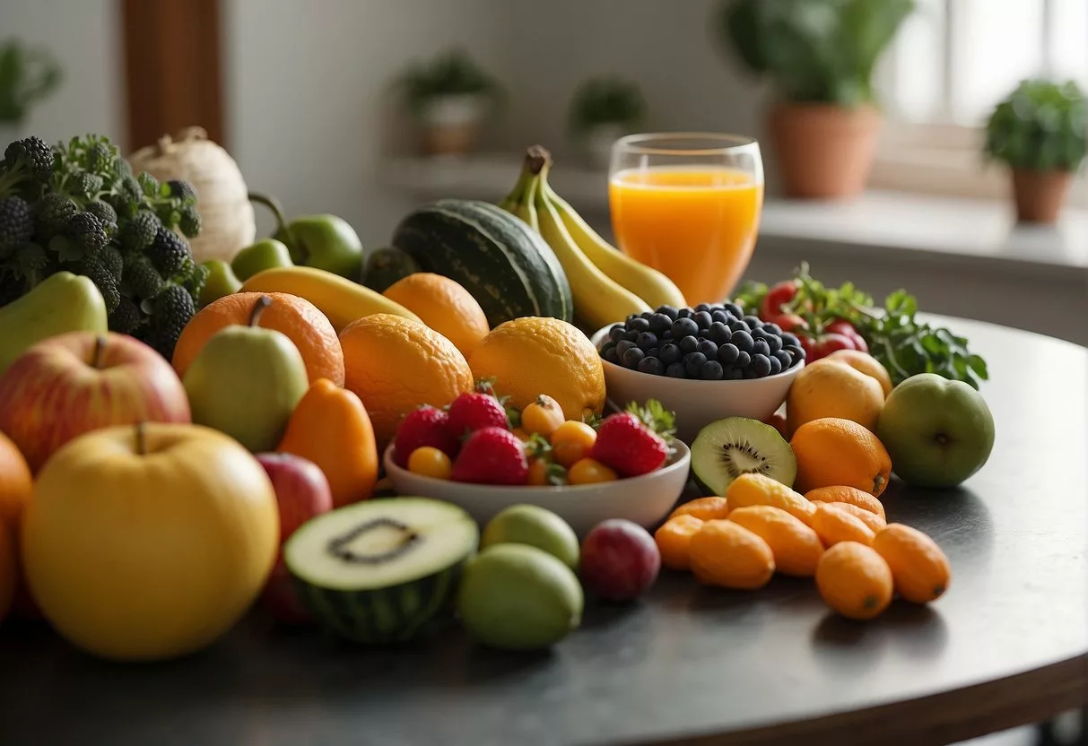 A colorful array of fruits, vegetables, and prenatal vitamins arranged on a table, with a pregnant woman's silhouette in the background