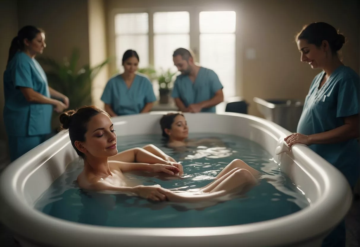 A woman in a birthing tub surrounded by a supportive team, utilizing massage, aromatherapy, and breathing techniques for pain management