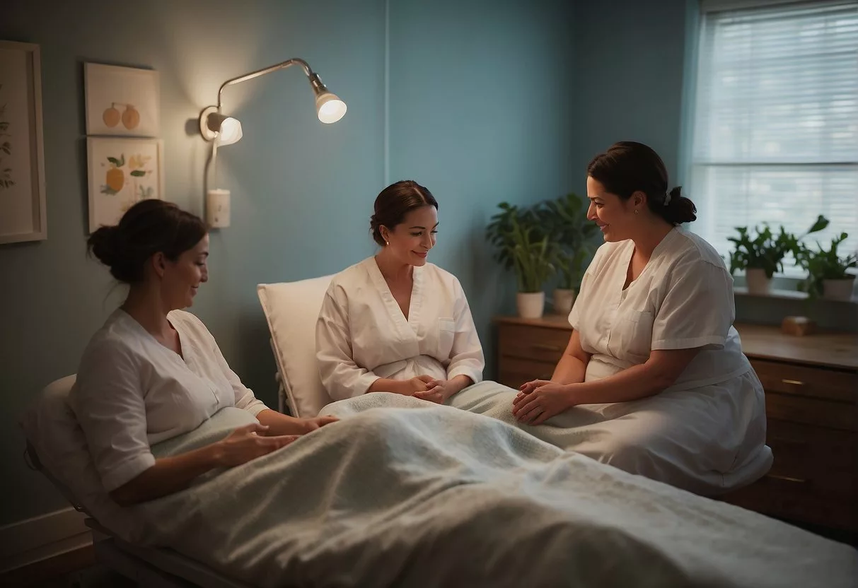 A serene birthing room with a supportive birthing team, soothing music, dim lighting, and essential oils. A mother is in a comfortable position, surrounded by love and encouragement