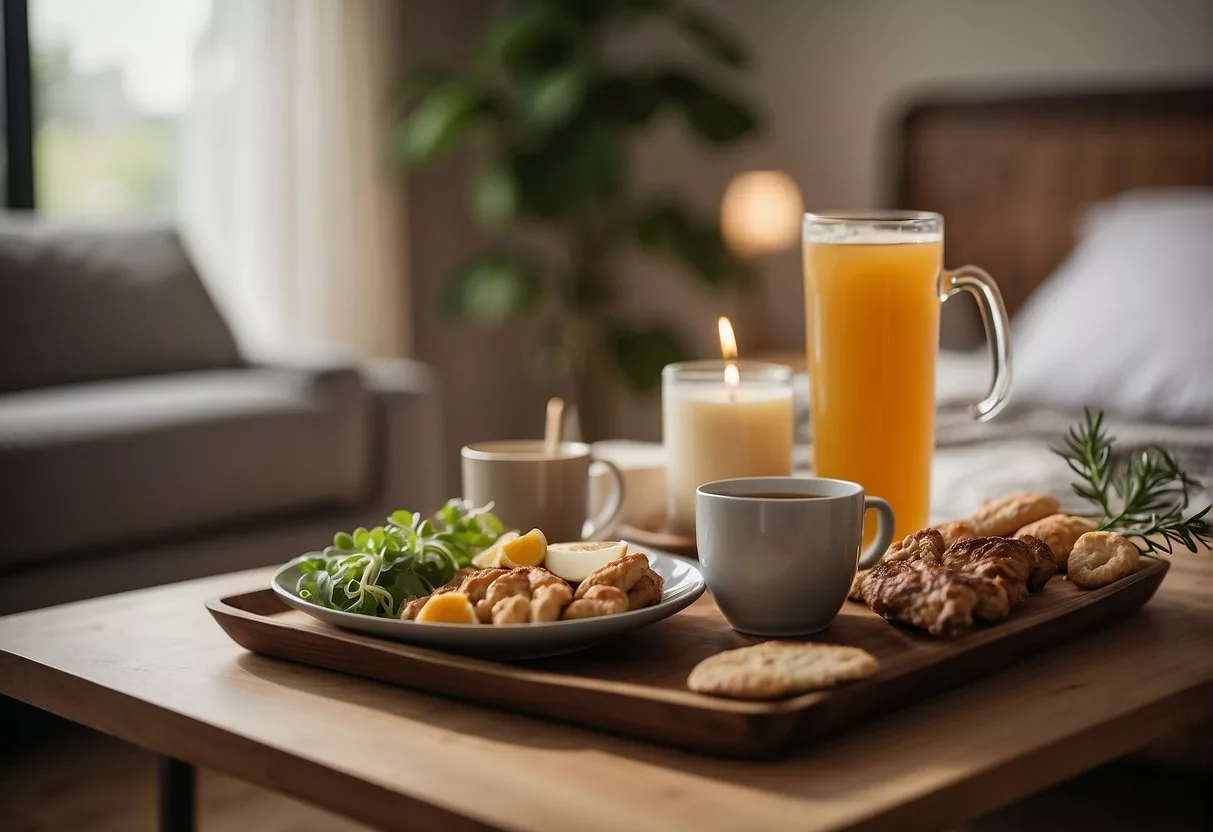 A peaceful room with soft lighting, a comfortable bed, and a tray of nourishing food and drinks. A warm, welcoming atmosphere with soothing colors and calming decor